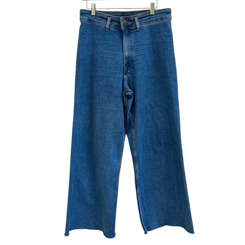Zara Wide Leg Jeans Women 12 Blue High Rise Raw Hem Boho Retro Stretch RN 77320